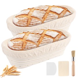 LOPYXBR Set of 2 Oval Proofing Baskets 28 cm for Bread Proofing Basket Rattan with Brush and Plastic Spatula for Bread Baking