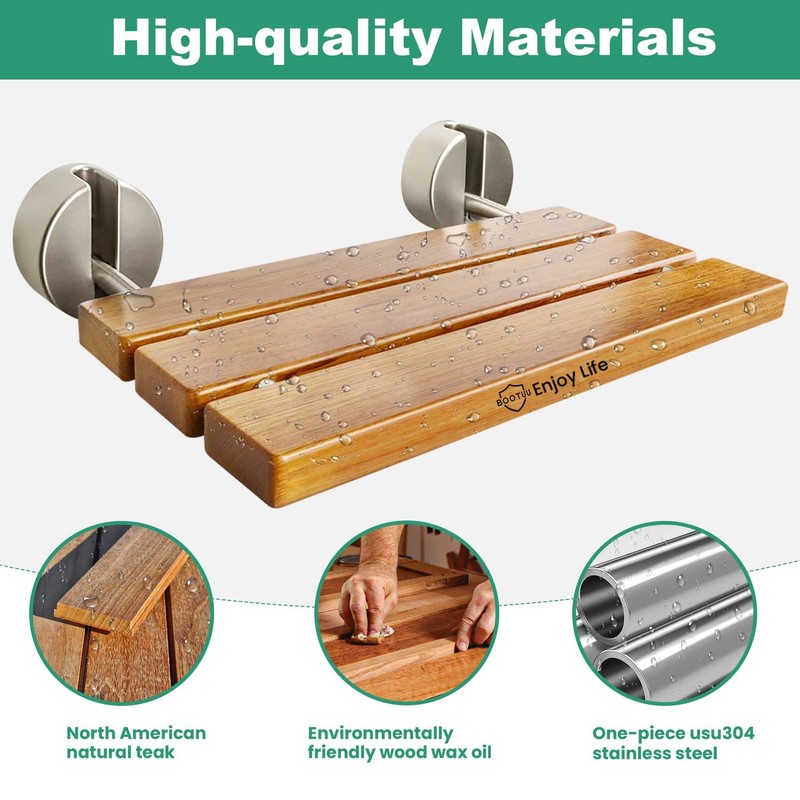 20 Inchs Teak Folding Shower Seat Wall Mounted, Fold Down