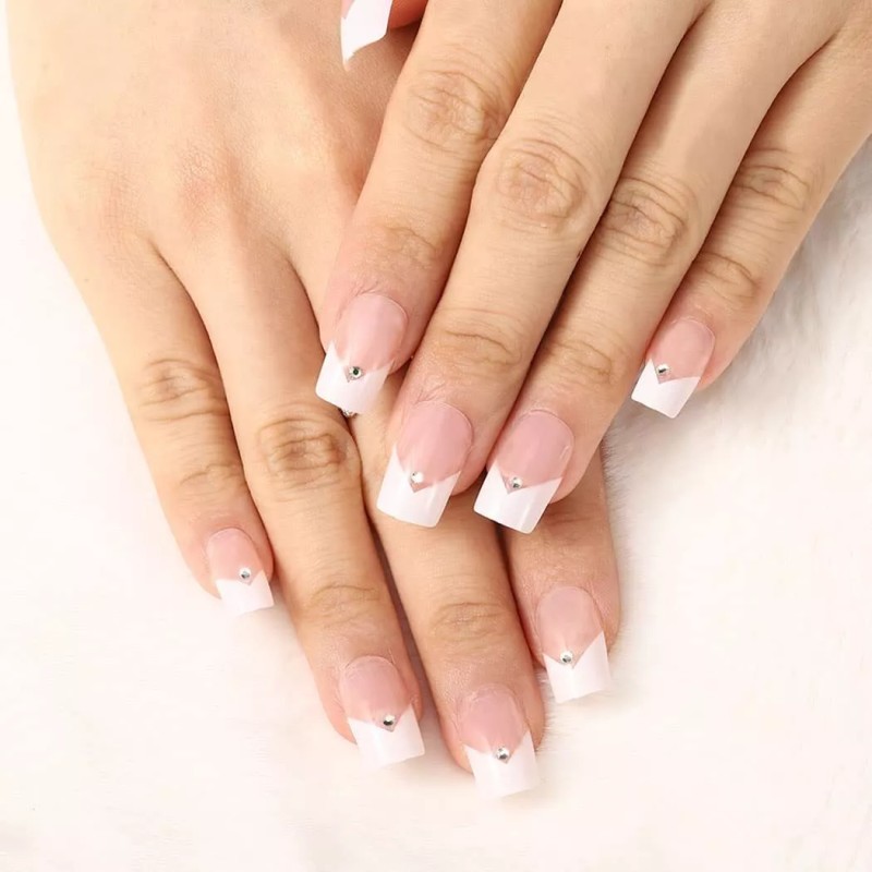 Uranian Uñas Postizas Cortas Con Purpurina Francesa Para Muj