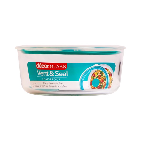 Decor Vent & Seal Glass Round Food Container, 750 ml