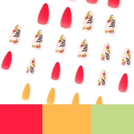 ANDGING Red Pink Matte Press on Nails Almond Short fake on Nails with Flower Leaf Designs Classy Acrylic Fake Nails for Women Wedding Classy Manicure Gel Full Cover False Stick on Nails 24 Pcs