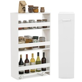 LOKO 4-Tier Rolling Storage Cart, 8 Inches Slim Kitchen Cart on Wheels with Open Shelves & Handle, Laundry Room Cart Between Washer and Dryer, for Narrow Space Bathroom Next to Fridge (White)