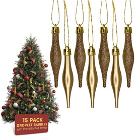 Festive Fix 15-Pack 8.5cm Matte Glitter Droplet Baubles in Gold – Durable Shatterproof Christmas Tree Ornaments with Strings, Multipurpose Decorations for Trees, Wreaths, Garlands & Centrepieces