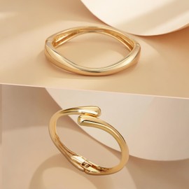 2Pcs Gold Chunky Bangles Bracelets for Women 14K Gold Chunky Bracelet Set Stack Gold Bangle Bracelet Statement Wrist Jewelry Gold Cuff Accessories Trendy Bracelets for Girls