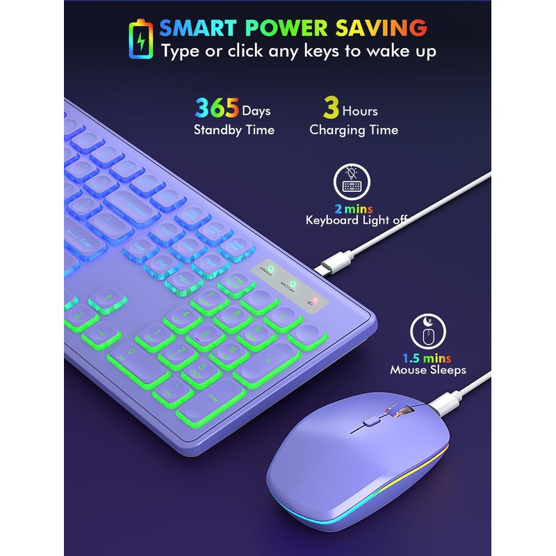 Wireless Keyboard and Mouse Combo, RGB Backlit, Rechargeable & Light