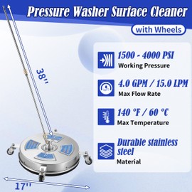 M MINGLE 17'' Pressure Washer Surface Cleaner, Driveway Pressure Washer Attachments with 2 Power Washer Replacement Wands and Nozzles, 1/4" Quick Connect, 4000 PSI