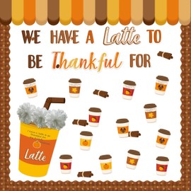 BeYumi Thanksgiving Latte Bulletin Board - 81Pcs We Have A Latte To Be Thankful For Bulletin Board Fall Coffee Cup Cutout with Tissue Paper Pompoms School Classroom Chalkboard Wall Supplies Decoration