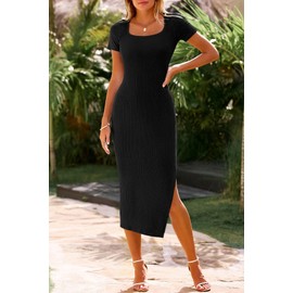 CFLONGE Casual Dresses for Women 2025 Summer Ribbed Short Sleeve Bodycon Maxi Dress Side Slit Knit Square Neck Long Sundress(Black,Large)