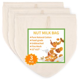 3 Pcs 12"x12" Nut Milk Bag, Natural Unbleached Cotton Cheese Cloth Bag for Straining, Reusable Strainer Bag for Oat Almond Milk, Cheese Making, Yogurt, Juice, Cold Brew Coffee, Beer Tea (12x12 Inch)