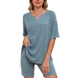 VUTRU Womens Pajama Sets Ribbed Knit Matching Lounge Sets 2 Piece Outfits T-Shirt Tops Biker Shorts Sleepwear Sweatsuit Blue