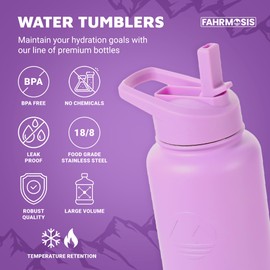FAHRMOSIS 40 OZ Water Bottle with Straw | Insulated Water Bottle Water Jug Includes 3 Lids Water Bottles | Stainless Steel Water Bottle for Men & Women - Lavender