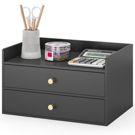 Bamboo Desk Organizer with Drawers Wooden Desktop Storage Drawers for Bills Office Supplies Kitchen Utensils Organizing Tool for Home Classroom Organization No Assembly (2 Drawers, Black)