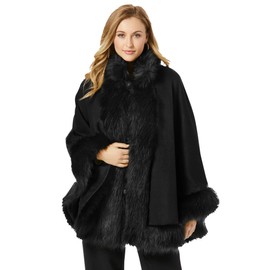 Cashmere Pashmina Group Poncho-Fur-Coat-Cape-Faux Fur-Ruana-blanket-Caplet-Wrap-Shrug-Sweater-dress shawl (Black Wool blend cape with faux fur trim)