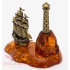 Solid Brass Amber Figurine Caravel Frigate Ship and light house
