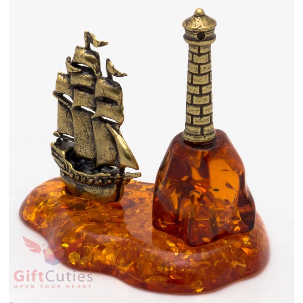 Solid Brass Amber Figurine Caravel Frigate Ship and light house