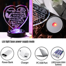 50th Wedding Anniversary Crystal Heart Gifts for Parents Friends, Crystal Engraved Happy 50 Years Anniversary with LED Light Base Golden 50th Wedding Anniversary Presents for Women Wife Husband