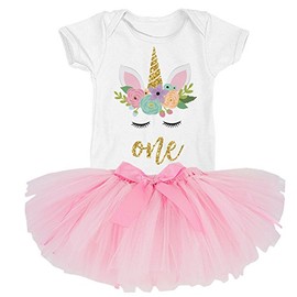 First Birthday Unicorn face Glitter Bodysuit and Pink Tutu Birthday Set (9m Bodysuit)