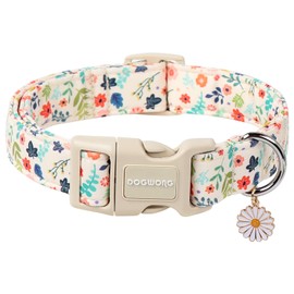 DOGWONG Spring Summer Floral Cotton Dog Collar, Pink Flower Dog Collar Durable Soft Fabric Pet Dog Collars Cute Girl Female Puppy Necklace for Small Medium Large Dogs