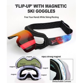 LECAGE Frameless Flip-Up Ski Goggles, with Magnetic Interchangeable Lens, Snowboard Anti Fog UV Protection, for Men Women (LH1106-C03)