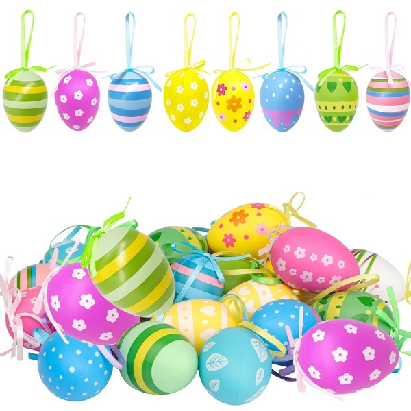 Pack of 24 Easter Eggs for Hanging, Colourful Plastic Eggs,