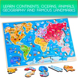 Montessori Mama World Map Wooden Puzzle, Continents and Oceans Puzzles for Kids Ages 4-6. Perfect Educational Toys for 4 Year Old Including Global Landmarks, Animals and Marine Life