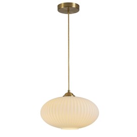 Flyrose Mid Century Modern Gold Globe Pendant Light Antique Brass Pendant Lights Kitchen Island Large Milk Glass Pendant Light Ribbed Glass Ceiling Hanging Light for Living Room Dining Room