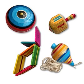 Beetbul Kit de 4 Juguetes Artesanales de Madera, Incluye Pirinola, Yoyo, Tabla Mágica y Trompo