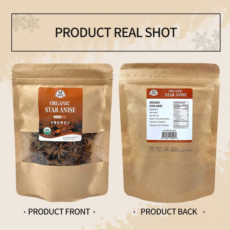 52USA Organic Star Anise 4oz, Whole Chinese Star Anise Pods,