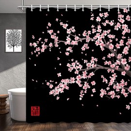 WUASDCS Cherry Blossom Shower Curtain Pink Plum Floral Flowers Blooming Watercolor Cute Branch Asian Japanese Anime Black Bathroom Decor Polyester Fabric Curtains with Hook 70Wx70H Inches