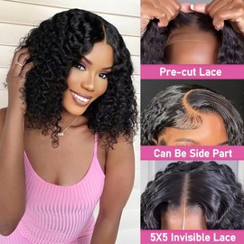 Bob Wear and Go Glueless Wigs Human Hair for Black Women Pre Plucked Pre Cut Short Curly Bob Human Hair Wig 5X5 HD Lace Closure Wigs for Beginners Natural Black 16 Inch