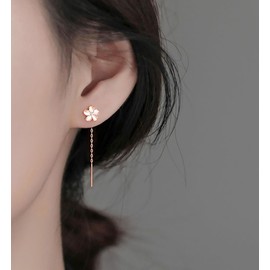Reffeer Solid 925 Sterling Silver Plumeria Flower Chain Dangle Earrings for Women Teens CZ Flower Tassel Earrings Threader Drops (C-Rose Gold)