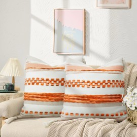 Pyonic Boho Throw Pillow Covers 18x18Inch,Pack of 2 Striped Tufted Pillow Covers with Tassel,Boho Decorative Accent Pillows for Sofa Couch-Orange