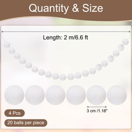 sourcing map 4pcs Pom Pom Garland 6.6 ft 20 Balls Colorful Felt Ball Garland for Wall Christmas Tree Decor Birthday Banner Easter Party Decorations, White