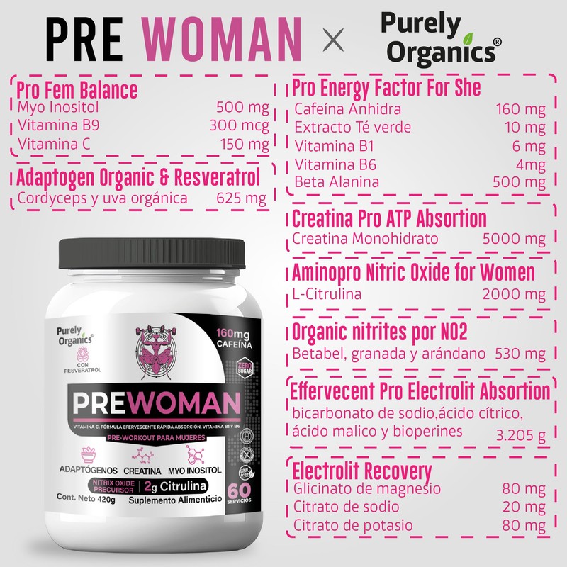 Prewoman Óxido Nítrico Para Mujeres, Purely Organics 60 Servicios