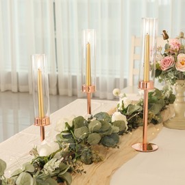 Ronasip Hurricane Candle Holders Set of 6 Metal Candlestick Holder for Glass Taper Tall Candle Holders with Crystal Chimney Tube Candles Stands for Home Decor, Christmas, Dinning (6, Rose Gold)