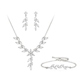 Ever Faith Wedding Cubic Zirconia Jewelry Set for Bride Bridesmaid, Sparkly Marquise Leaf Necklace dangle Earrings Bracelet Set for Woman Clear Silver-Tone