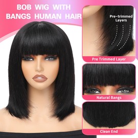 Bob Wig with Bangs Human Hair 10inch Wigs Straight Layered Bob Wigs with Bangs 100% Human Hair Wig Glueless 2.5x1inch Closure Lace Human Hair BoB Wigs for Black Women 1B#'