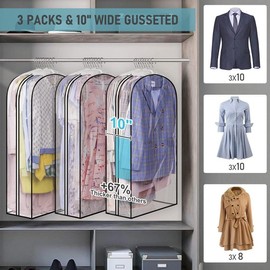 10" Gusseted All Clear Garment Bags for Hanging Clothes 40" Suit Bags for Closet Storage Hanging Clothes Storage Suit Cover for Shirts, Coats, Dresses, 3 Packs - Color: Refer to the main image color, Size: 32 inch