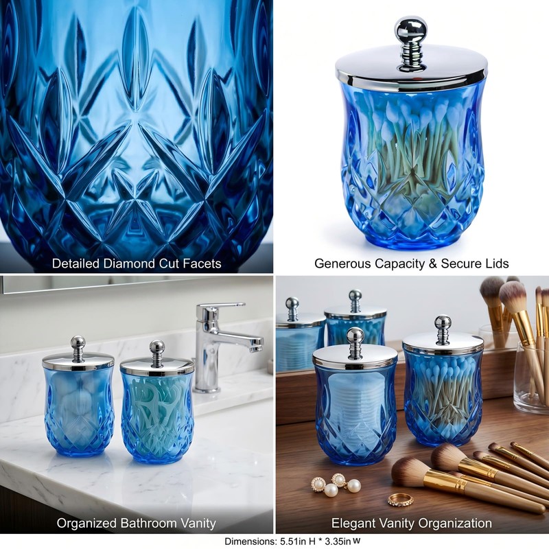 2 Pack Glass Qtip Holder Dispenser Set, Round Bathroom Apothecary