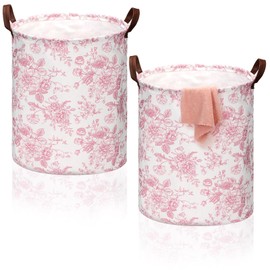 CroBlissful 2 Pcs Pink Laundry Basket Coquette Storage Basket for Girls Nursery Hamper with Handles Foldable Waterproof Collapsible Storage Bin Organizer for College Dorms Bathroom(Chinoiserie)