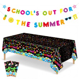 HunnmingRe 3 Pcs School's out for The Summer Party Decorations End of School Year Decorations 54 x 108" Plastic Tablecloth and Banner for Summer Vacation Pool Beach Graduation Preschool Party Favors
