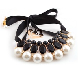 COHEALI Elegant Black Ribbon Necklace for Women Big Imitation Acrylic Gems Choker Unique False Collar Design for Sweater Dress Styling