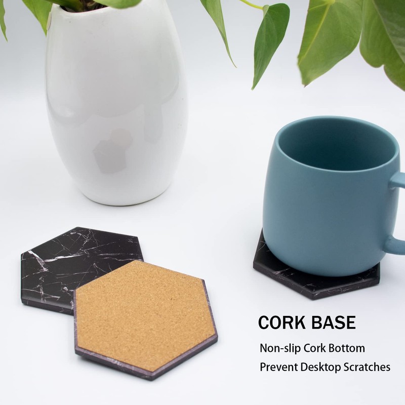 Warmroom Absorbent Hexagon Black Marble Coasters for Drink with Gold