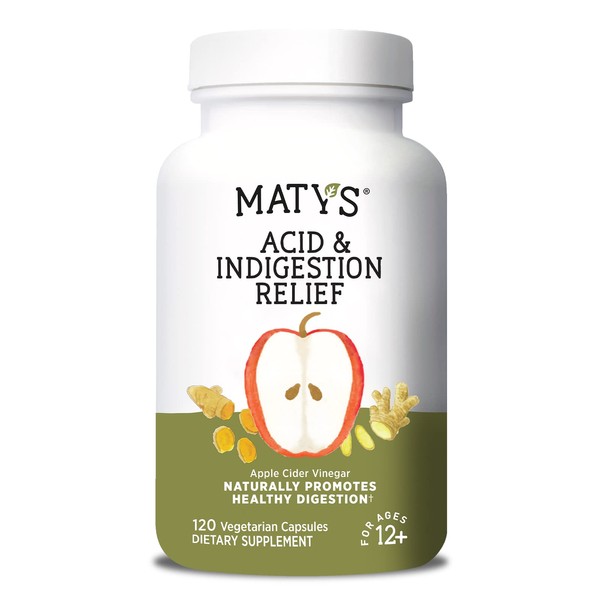 Matys Acid & Indigestion Relief Capsules, Safe Antacid Alternative for Occasional Acid Reflux & Heartburn, Made with Apple Cider Vinegar, Soy & Gluten Free Vegetarian Capsules, 120 Count, 60 Servings