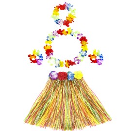 Hikkcos 5pcs Elastic Hawaiian Hula Grass Skirt for Girls Colorful Tropical Luau Flower Leis Headband Necklaces Bracelets Girls Party Supplies