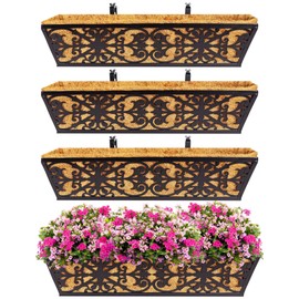 4 Pack 24 Inch Window Boxes Planters Railing Planter Box with Adjustable Brackets & Coco Liners Fabric Plant Grow Bags Deck Railing Planter Boxes Balcony Hanging Flower Box for Outdoor Plants
