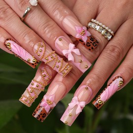 Handmade Press on Nails with Designs, 24PCS Long Square Fake Nails 3D Pink Flower Bows White Pearls Gold Beads Chain Charms French Tip Leopard False Nails for Women Girls with Jelly Gel & Nail File