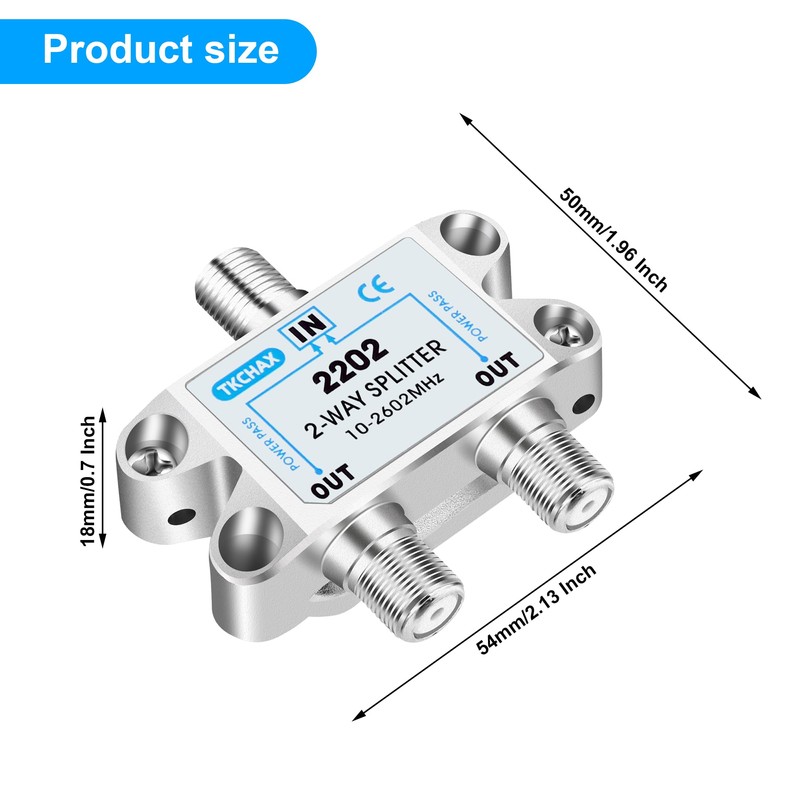 TKCHAX 2 Way Coaxial Cable Splitter,Support 10-2602MHz, RG6 Compatible, Nickel-Plated