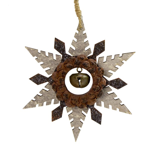Pointy Wooden Snowflake Christmas Ornament with Jingle Bell - 6"