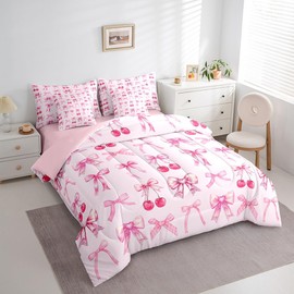 Pink Cherry Bow Comforter Set 7 Piece Bed in a Bag Twin,Cute Silk Ribbon Bowknot Bedding Set,Princess Bow Tie Comforter and Sheet Set Dreamy Kawaii Bed Set,Girly Light Pink Room Decor Aesthetic